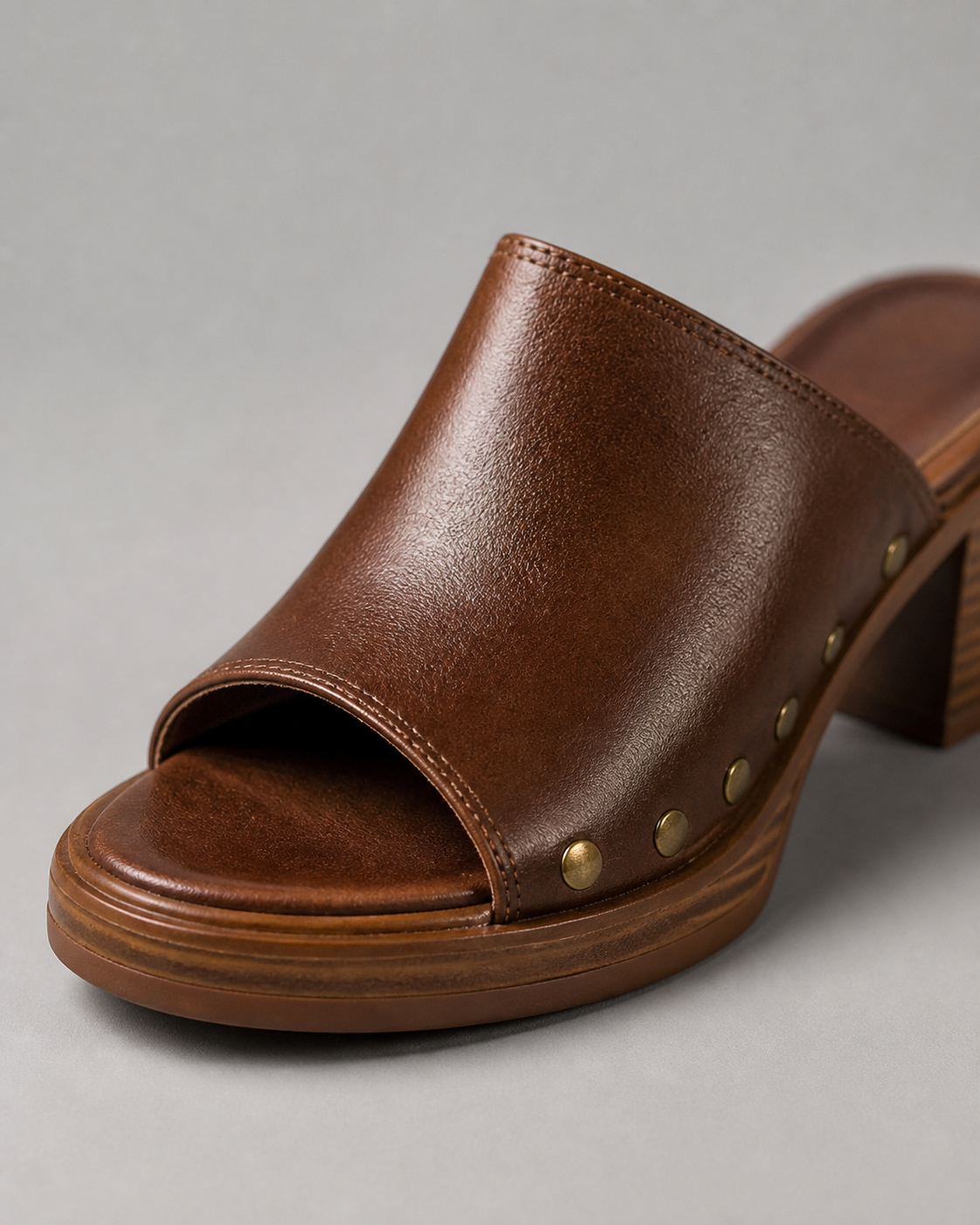 Camilla Studded Mule Sandals | Women's Low Block Heel Sandals — Brown — macro
