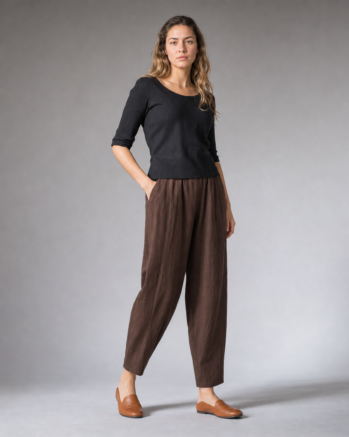 Desiree Relaxed Barrel Pants | Women's Lightweight Summer Trousers — Coffee — threequarter