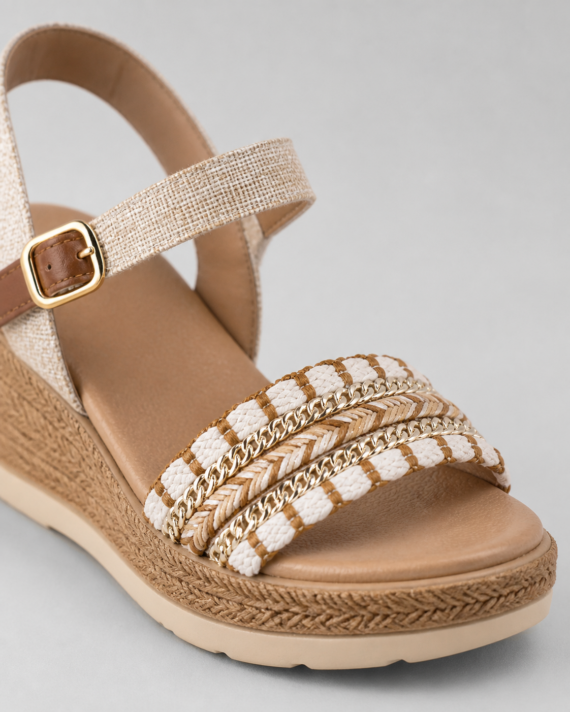 Amara Woven Wedge Sandals | Women's Espadrille Ankle-Strap Sandals — Khaki — macro