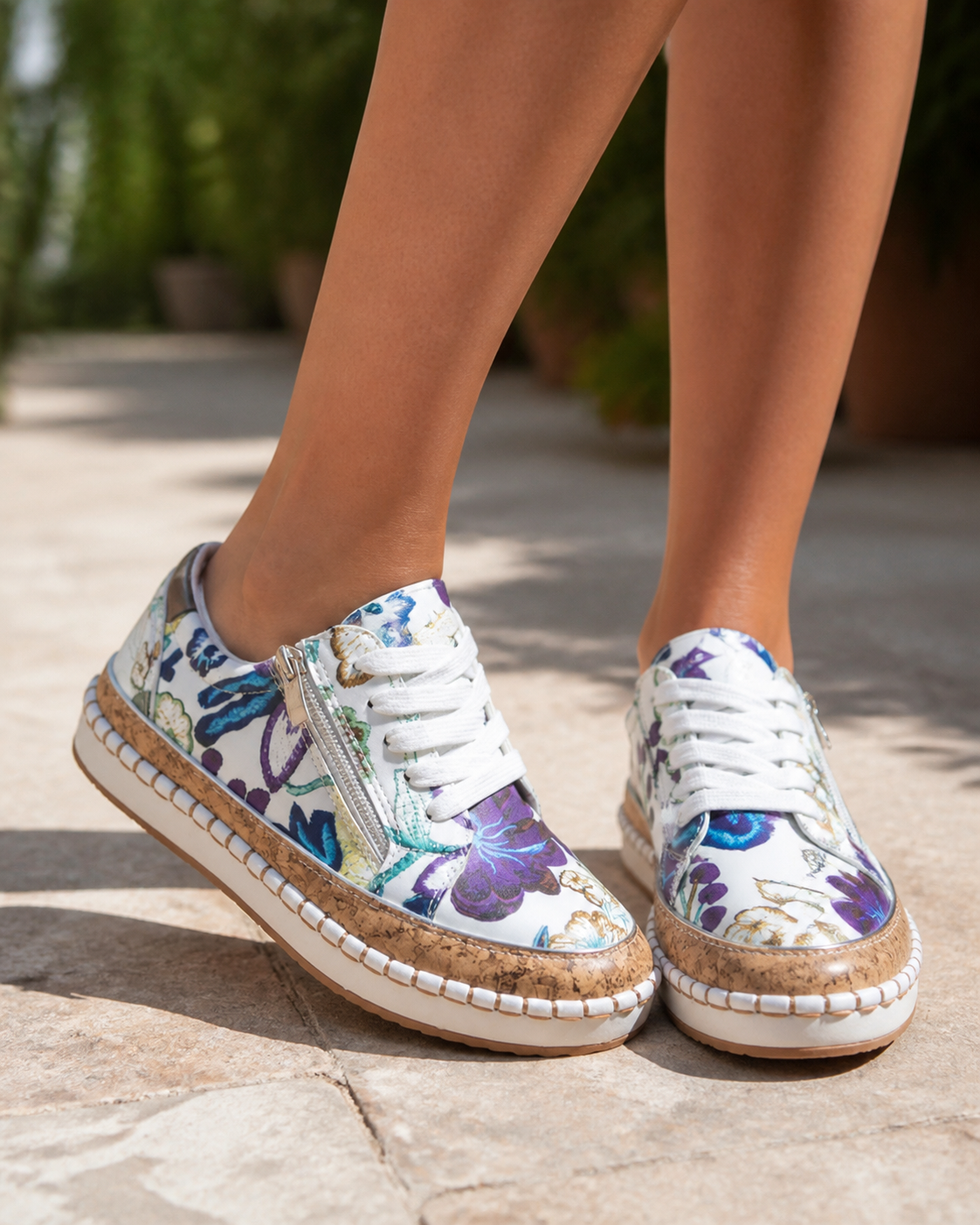 Blossom Floral Espadrille Sneakers | Women's Embroidered Zip Trainers — Blue — onfoot