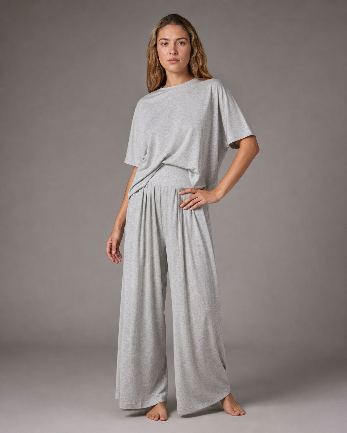 Leanne Top & Wide-Leg Set | Women's Casual Two-Piece Co-Ord — Light Grey — threequarter
