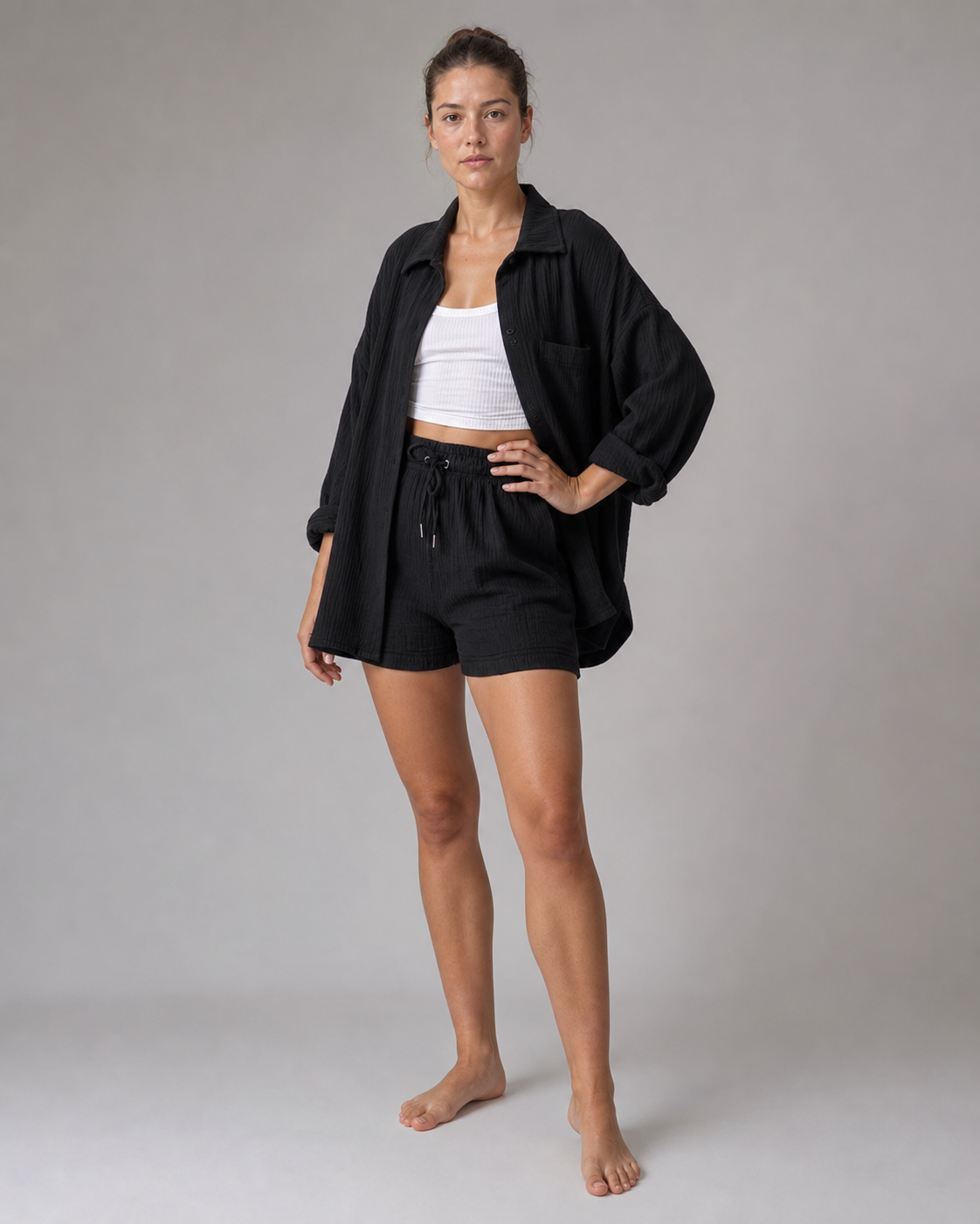 Rosa Shirt & Shorts Set | Women's Two-Piece Summer Co-Ord — Black — threequarter