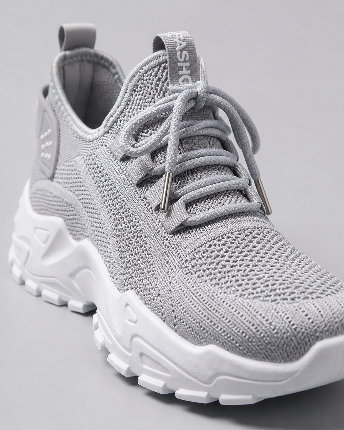 Aura Chunky-Sole Knit Trainers | Women's Lace-Up Mesh Sneakers — Grey — macro