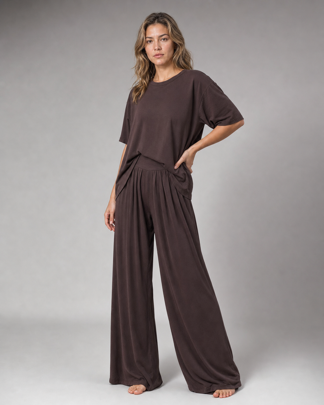 Leanne Top & Wide-Leg Set | Women's Casual Two-Piece Co-Ord — Brown — threequarter