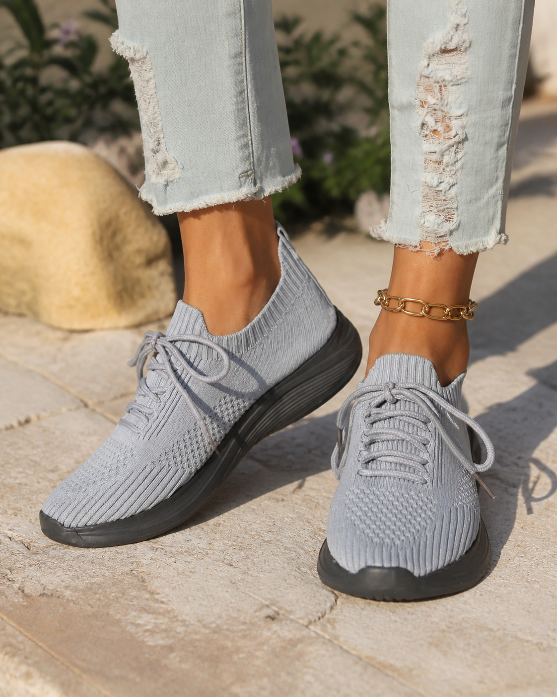 Kerry Knit Comfort Sneakers | Women's Lightweight Walking Trainers — Gray — onfoot