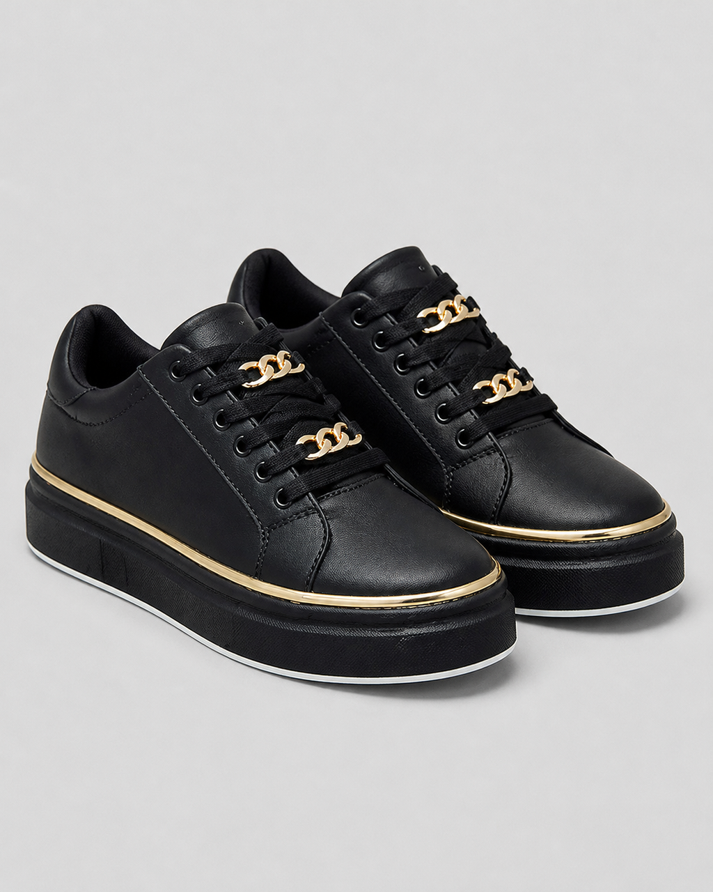 Cleo Gold-Chain Platform Sneakers | Women's Lace-Up Trainers — Black — hero