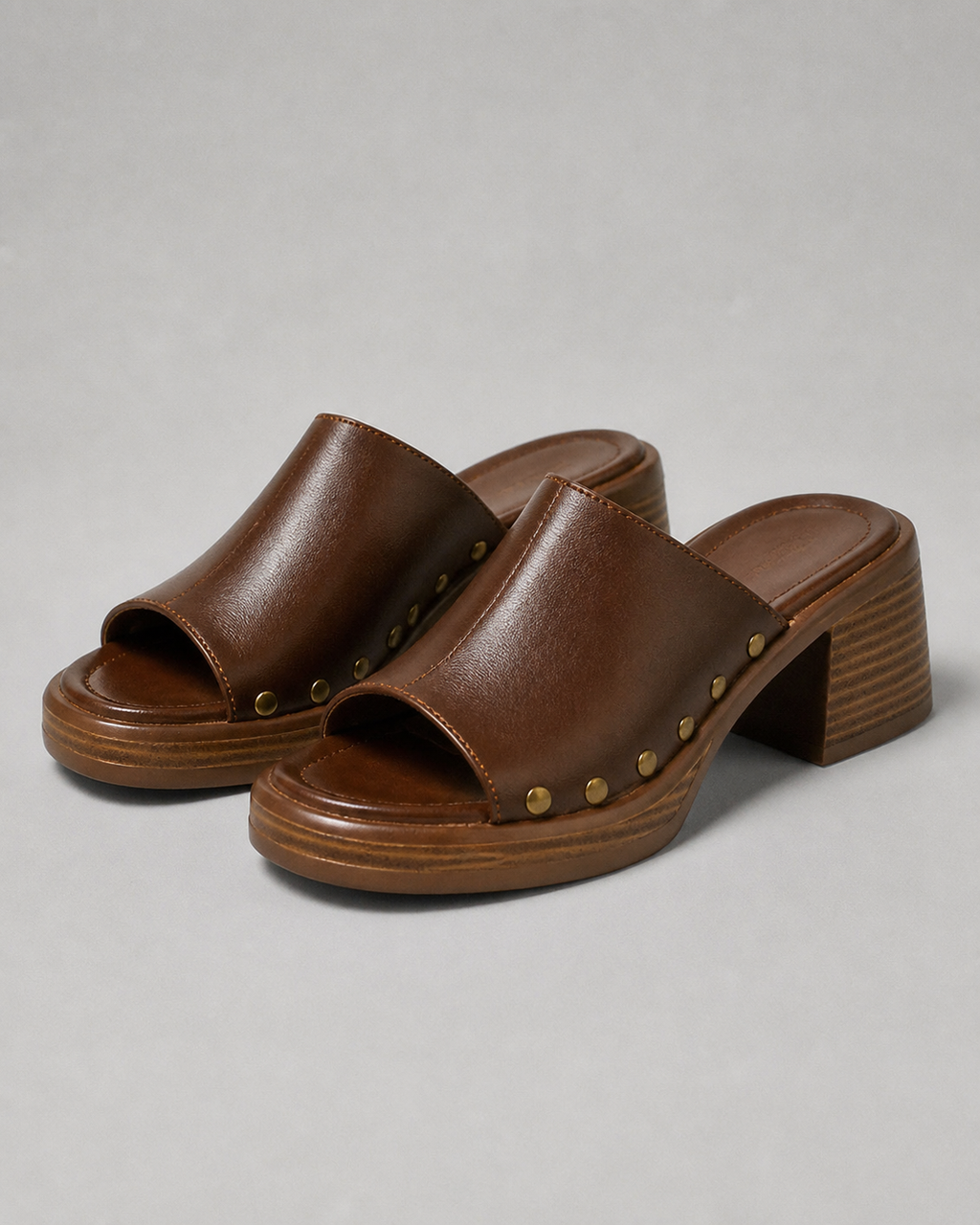 Camilla Studded Mule Sandals | Women's Low Block Heel Sandals — Brown — hero