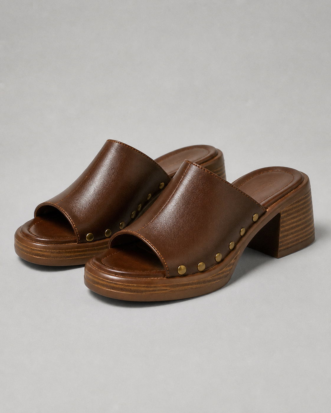 Camilla Studded Mule Sandals | Women's Low Block Heel Sandals — Brown — hero