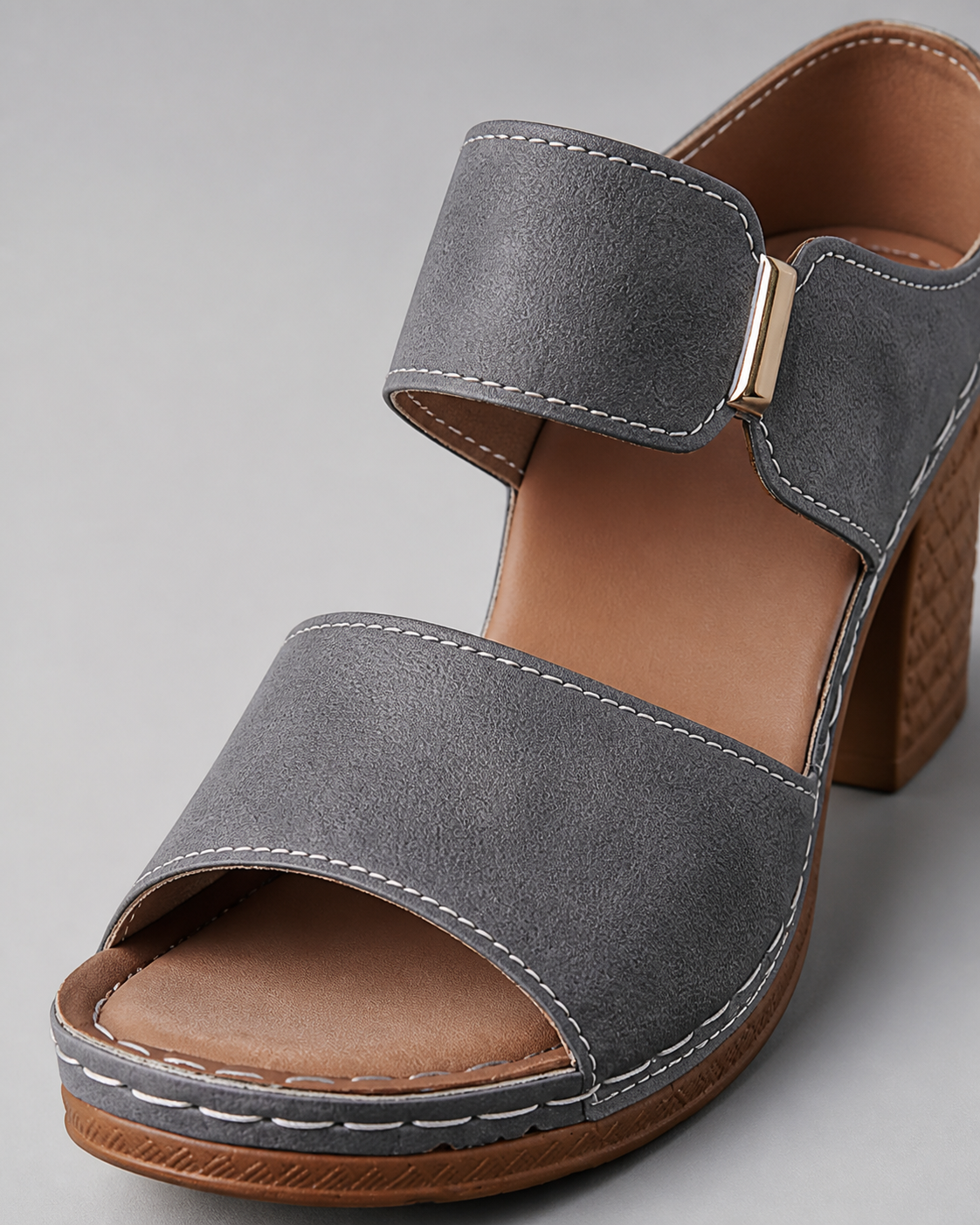 Venezia Block Heel Sandals | Women's Wide-Strap Heeled Sandals — Gray — macro