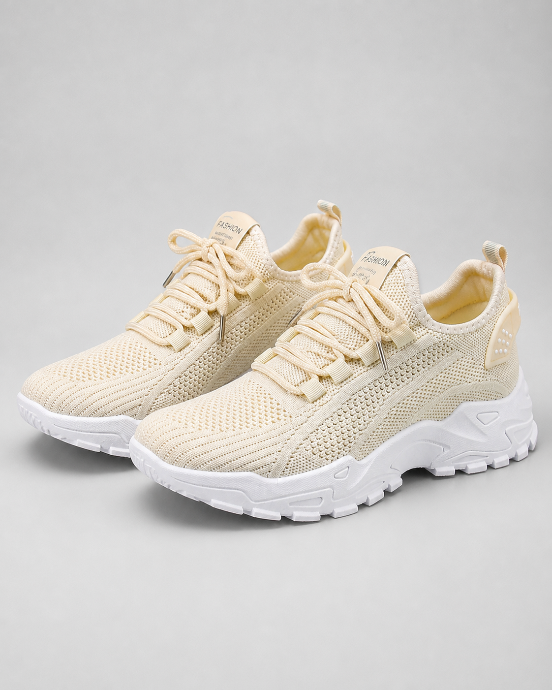 Aura Chunky-Sole Knit Trainers | Women's Lace-Up Mesh Sneakers — Khaki — hero