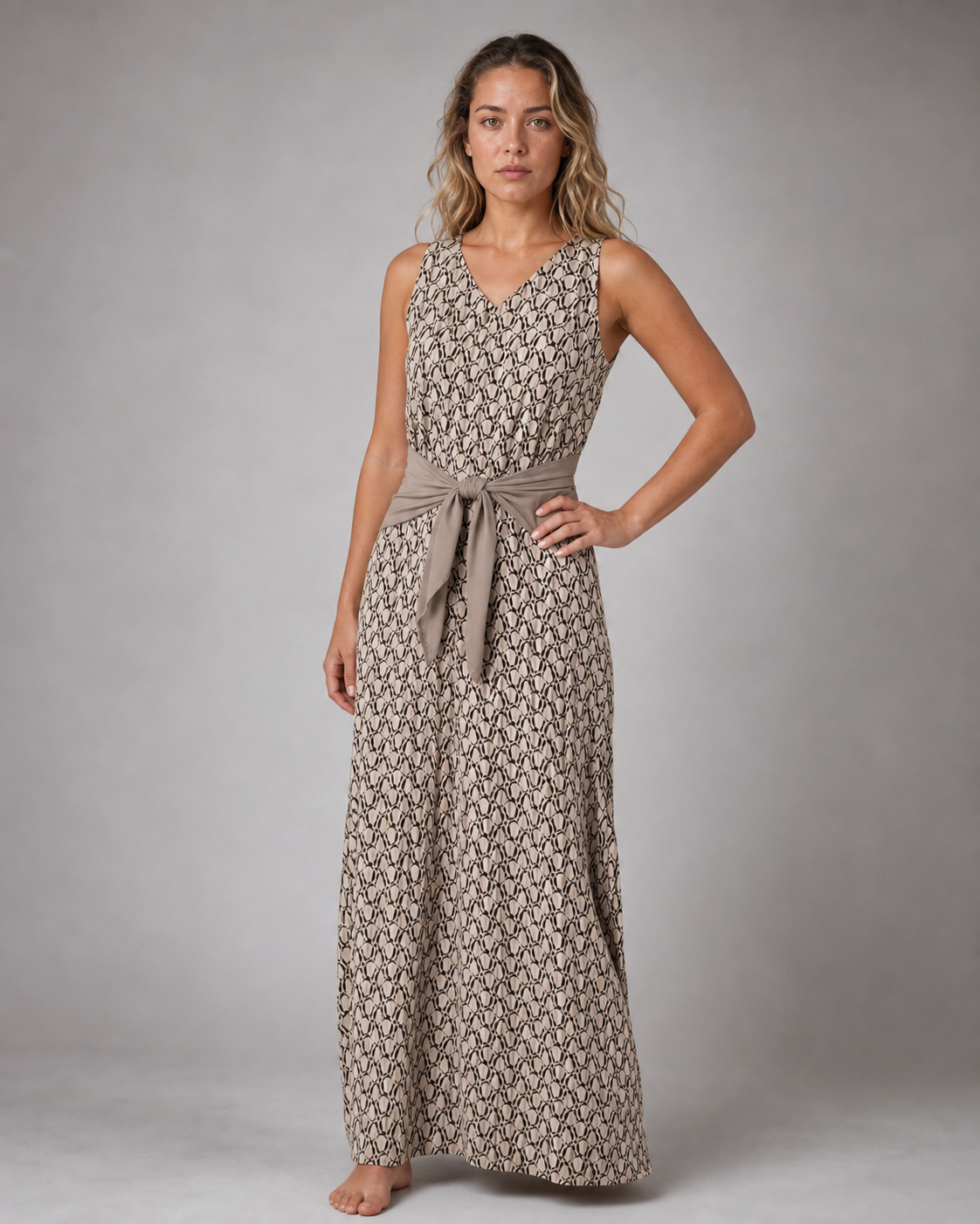 Aria Sleeveless Jumpsuit | Women's Wide-Leg V-Neck One-Piece — Beige — threequarter