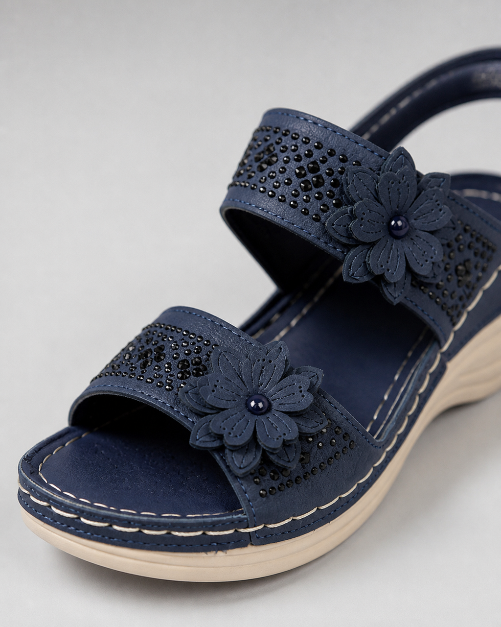 Delor Floral Wedge Slides | Women's Slip-On Platform Sandals — Navy Blue — macro