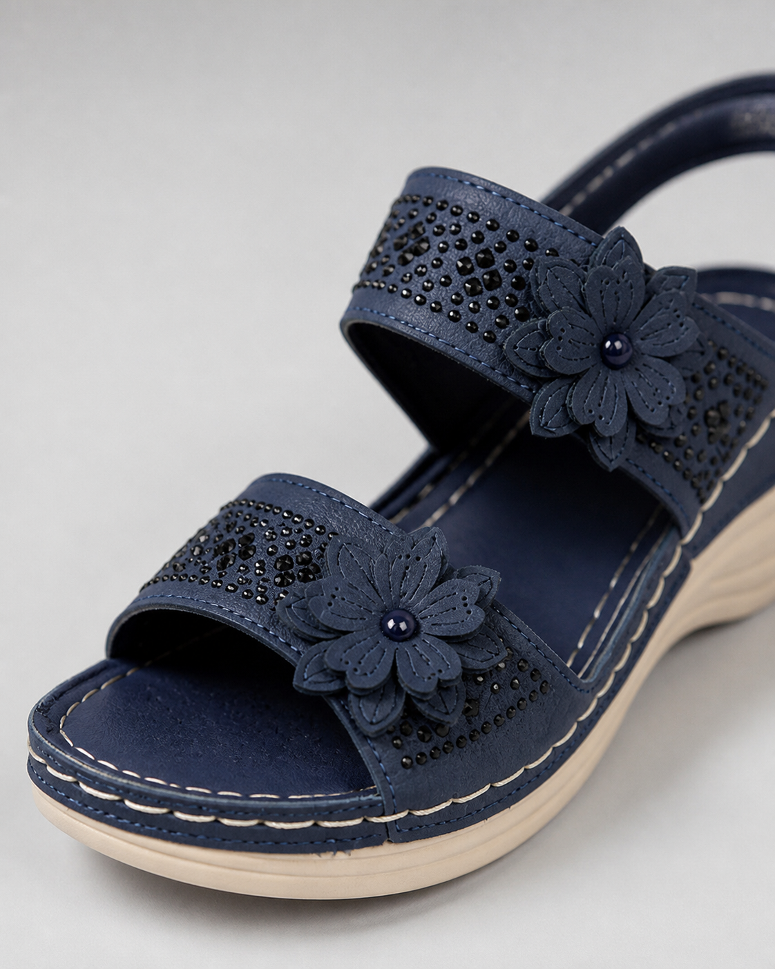 Delor Floral Wedge Slides | Women's Slip-On Platform Sandals — Navy Blue — macro