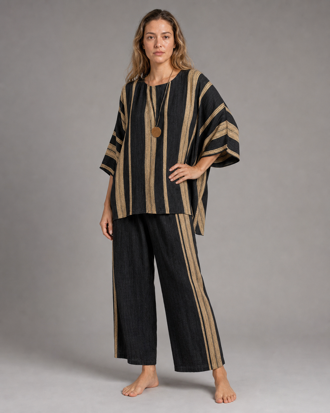 Dakota Striped Co-Ord | Women's Two-Piece Wide-Leg Set — Black — threequarter