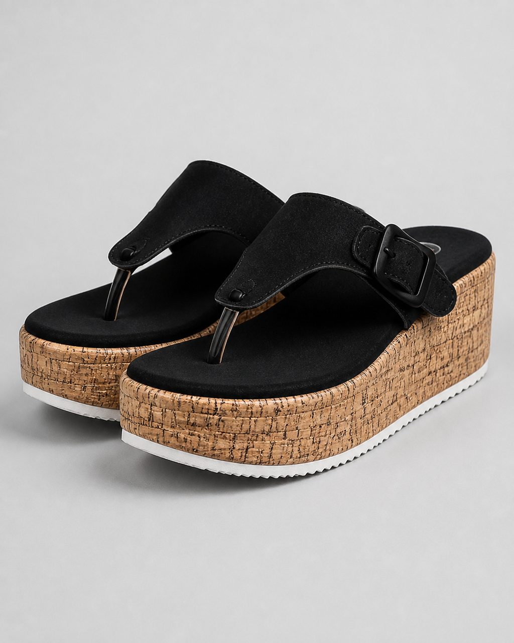 Cork Wedge Thong Sandals | Women's Buckle Platform Sandals — Black — hero