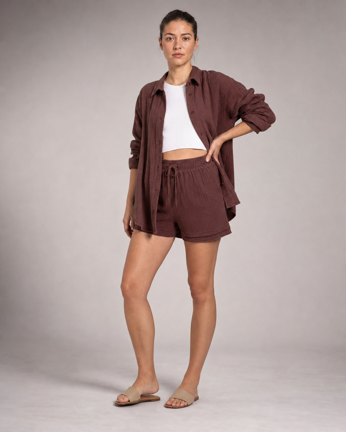 Rosa Shirt & Shorts Set | Women's Two-Piece Summer Co-Ord — Brown — threequarter