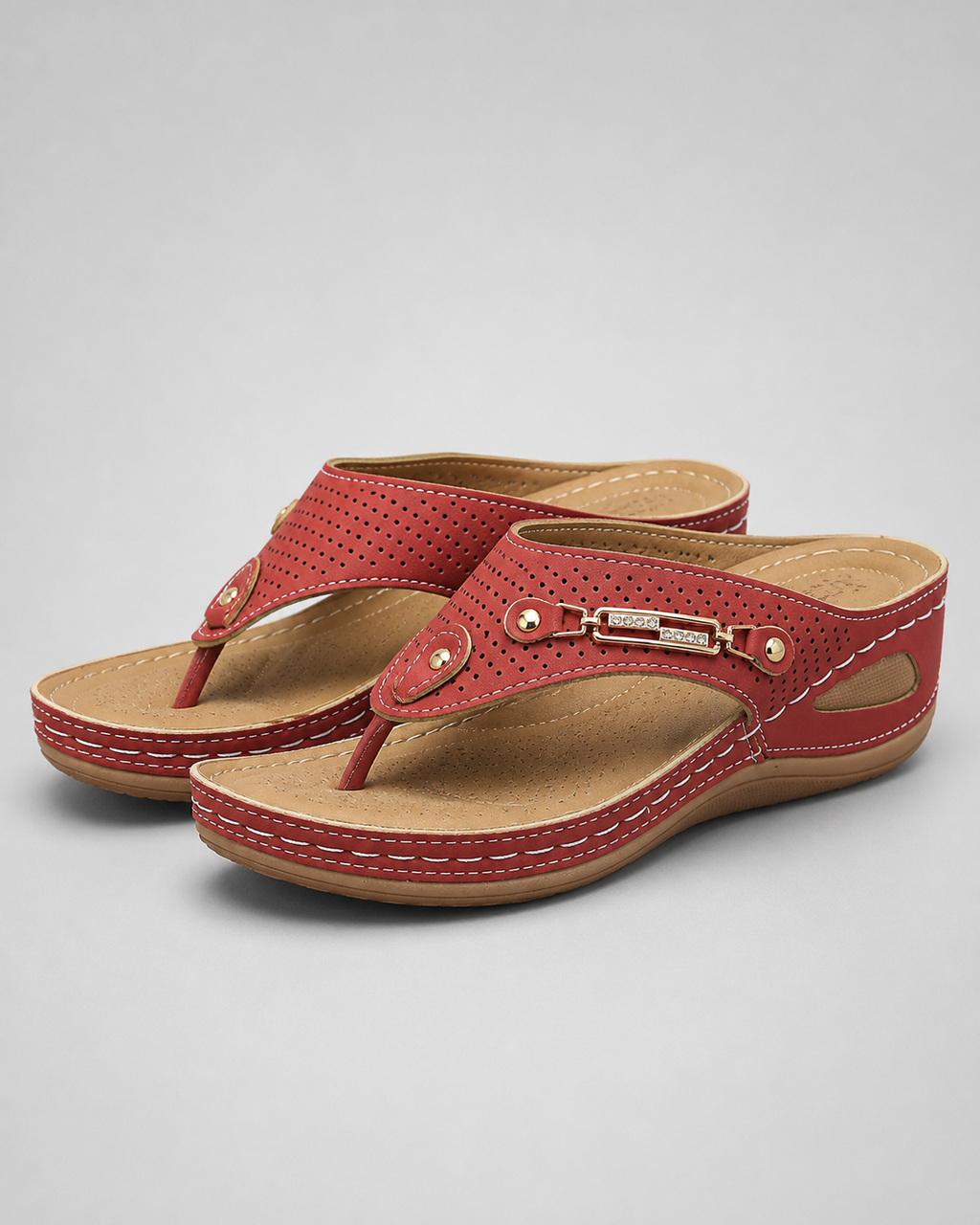 Nysa Embellished Thong Sandals | Women's Cushioned Wedge Sandals — Red — hero
