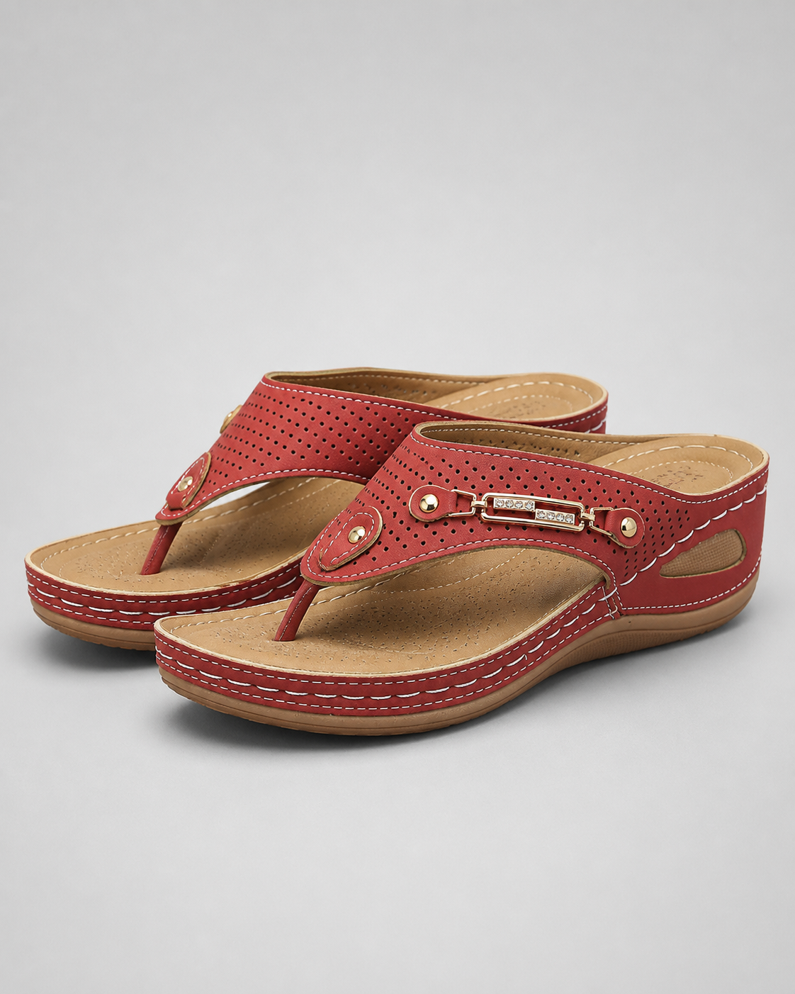 Nysa Embellished Thong Sandals | Women's Cushioned Wedge Sandals — Red — hero