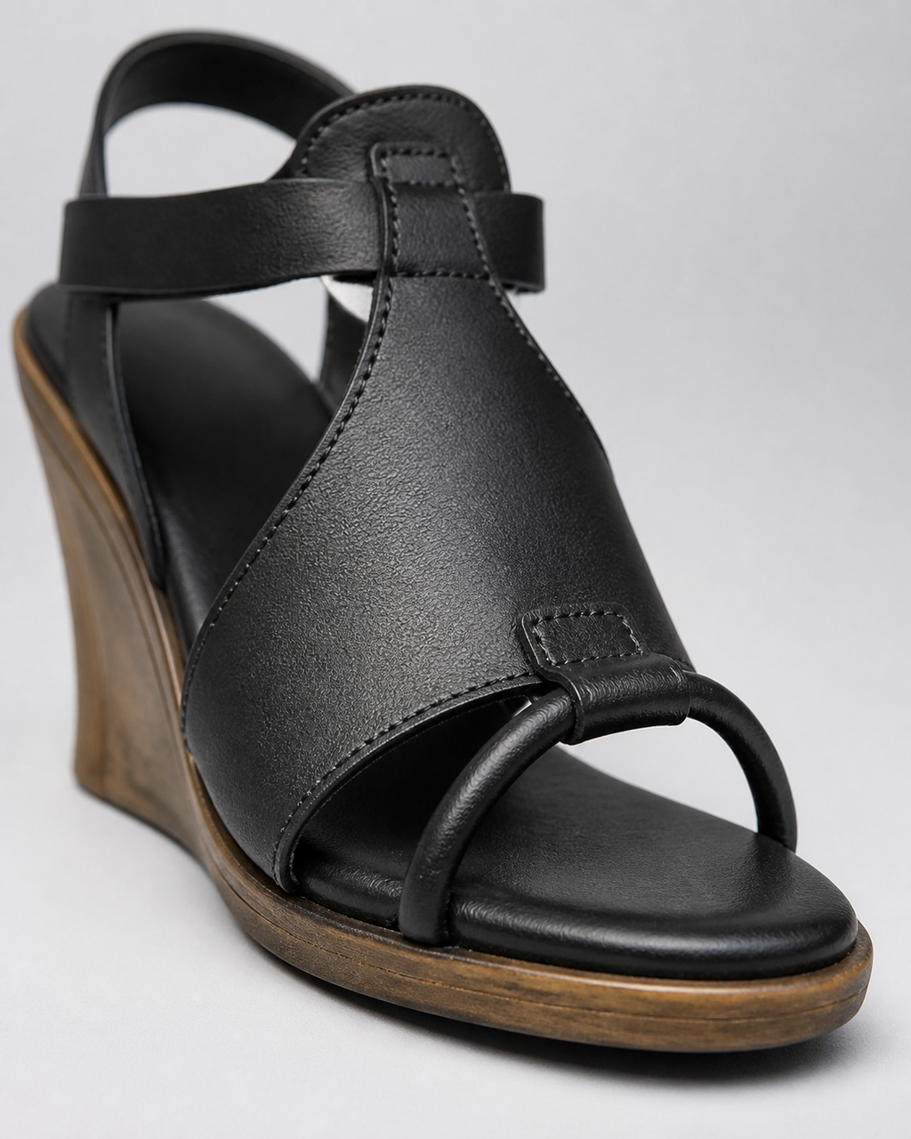 Talia T-Strap Wedge Sandals | Women's High Ankle-Strap Sandals — Black — macro