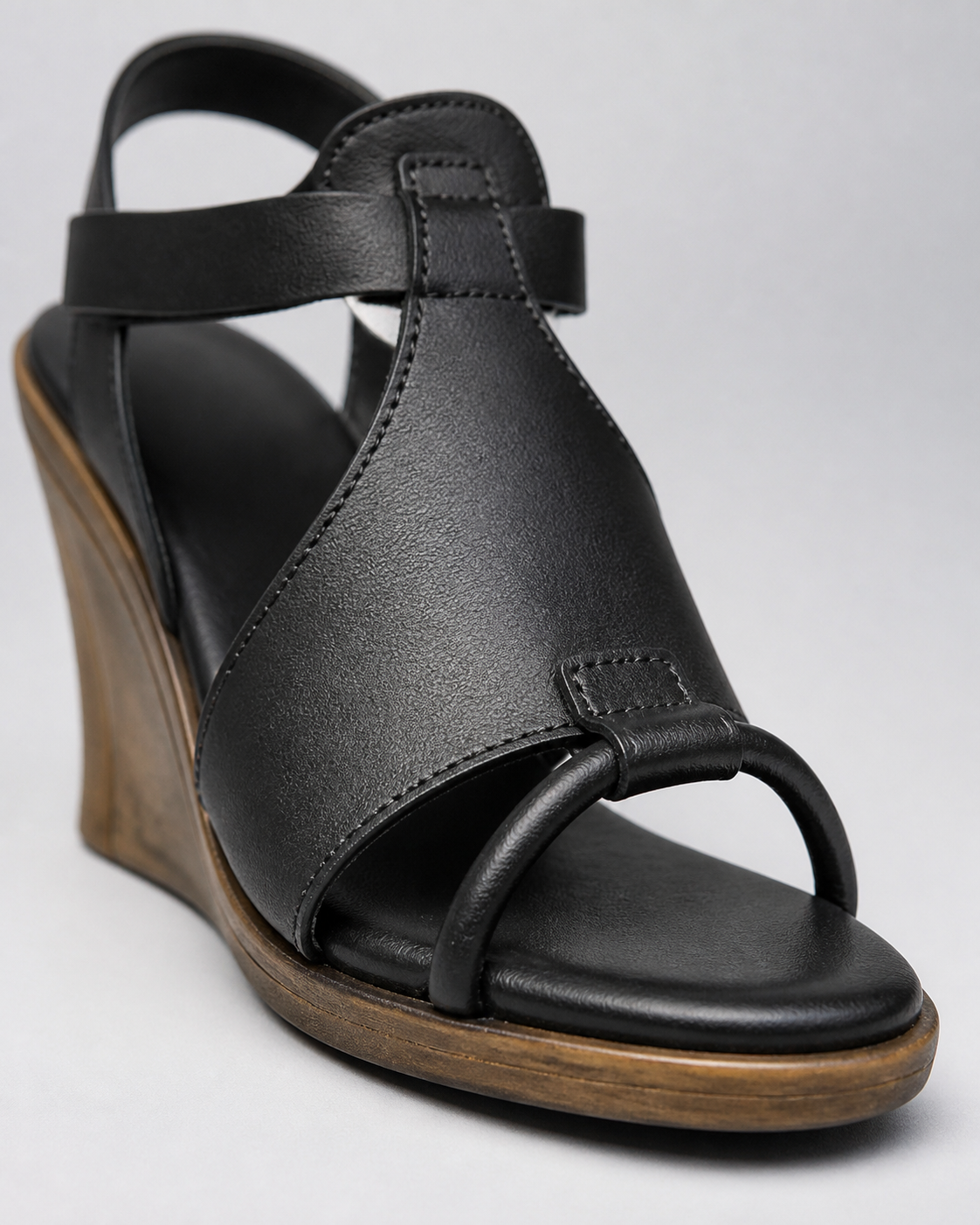 Talia T-Strap Wedge Sandals | Women's High Ankle-Strap Sandals — Black — macro