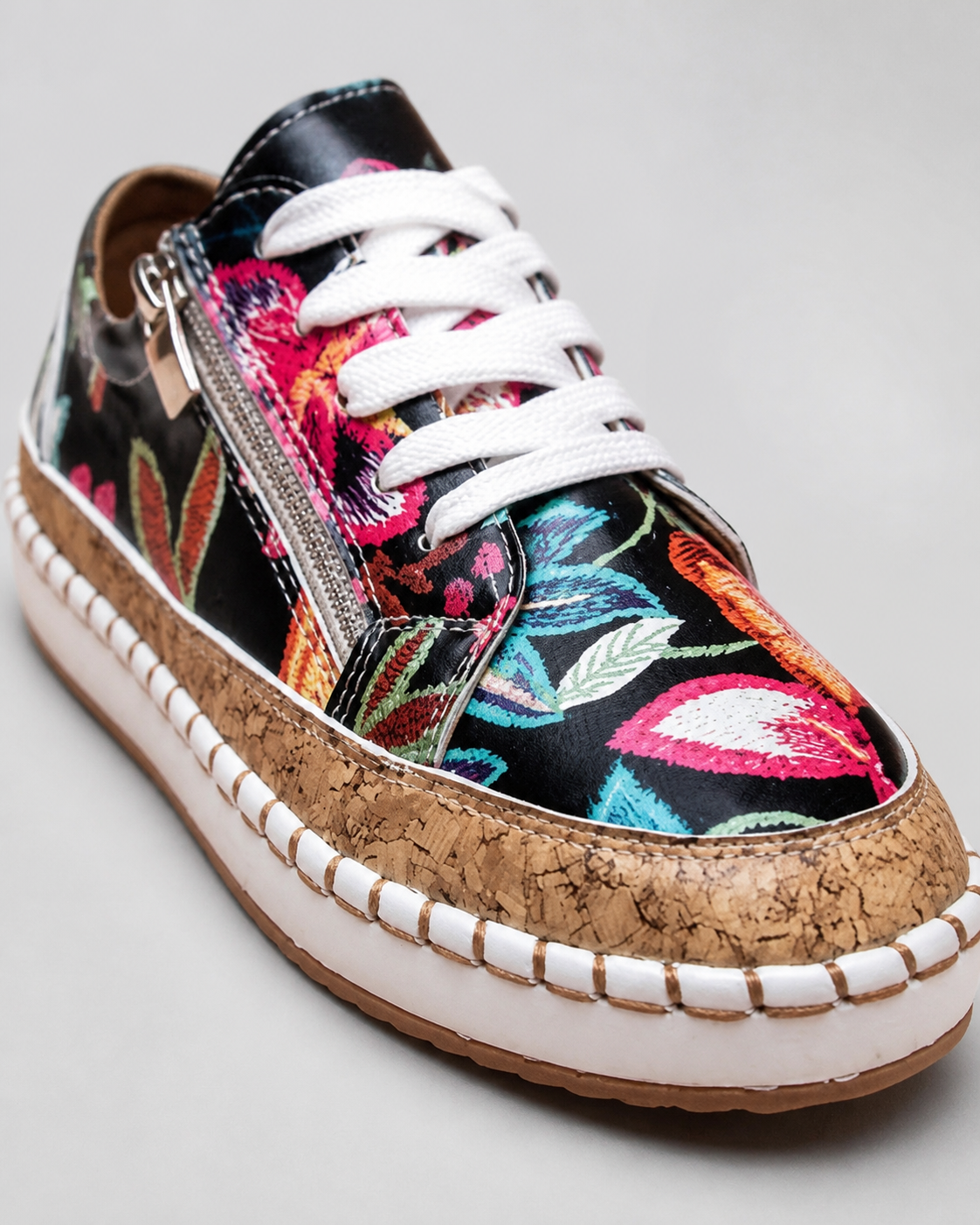 Blossom Floral Espadrille Sneakers | Women's Embroidered Zip Trainers — Black — macro