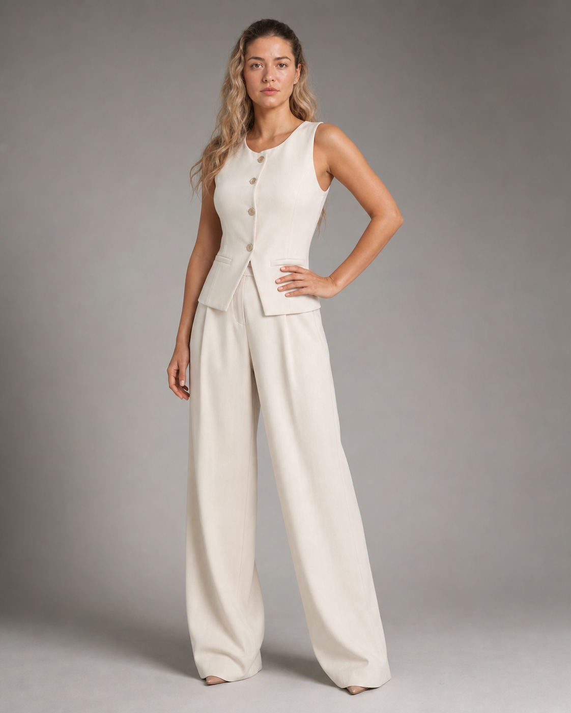 Maribel Co-Ord Set | Women's Two-Piece Trouser Co-Ord — White — threequarter