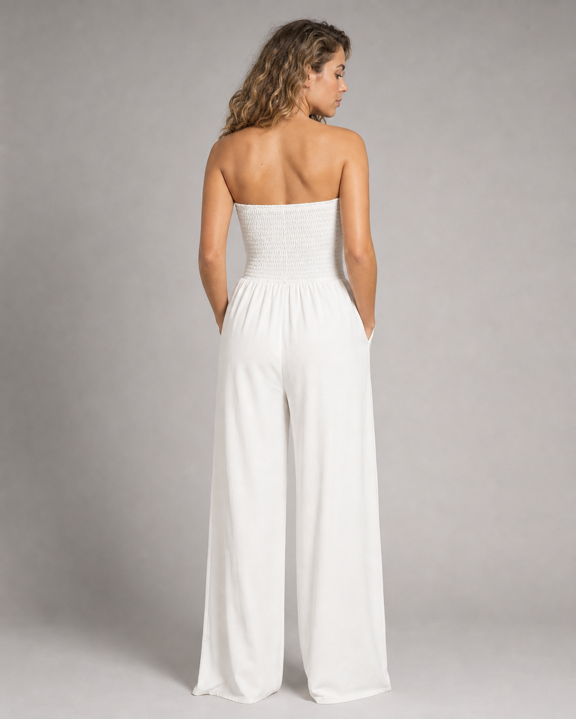 Bella Strapless Jumpsuit | Women's Wide-Leg One-Piece — White — back