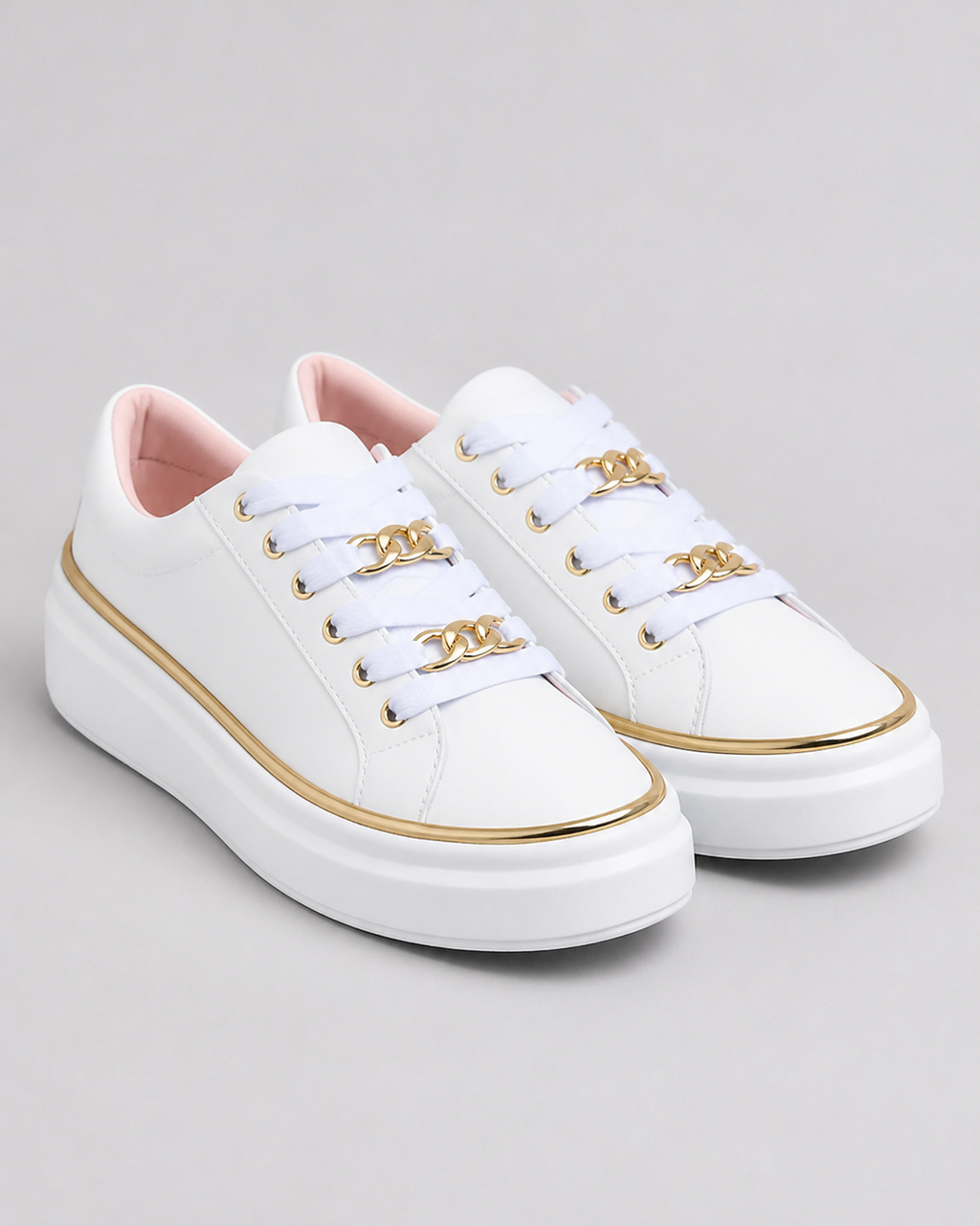 Harlow Flatform Lace-Up Sneakers | Women's Gold-Chain Trainers — White — hero