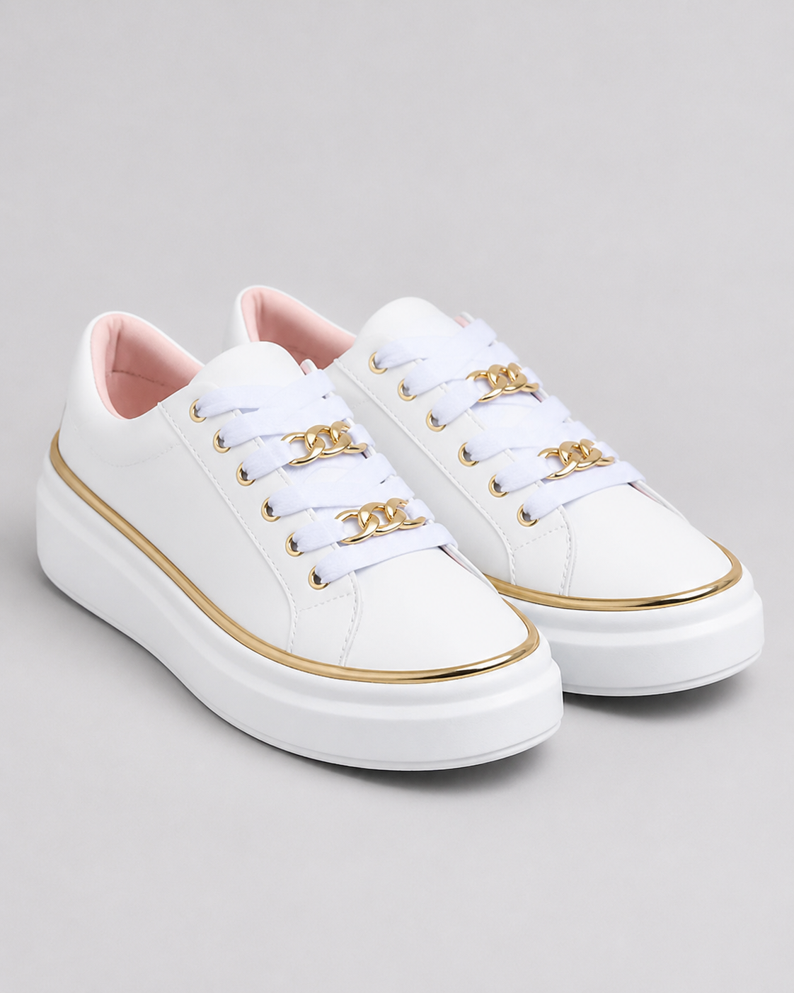 Harlow Flatform Lace-Up Sneakers | Women's Gold-Chain Trainers — White — hero