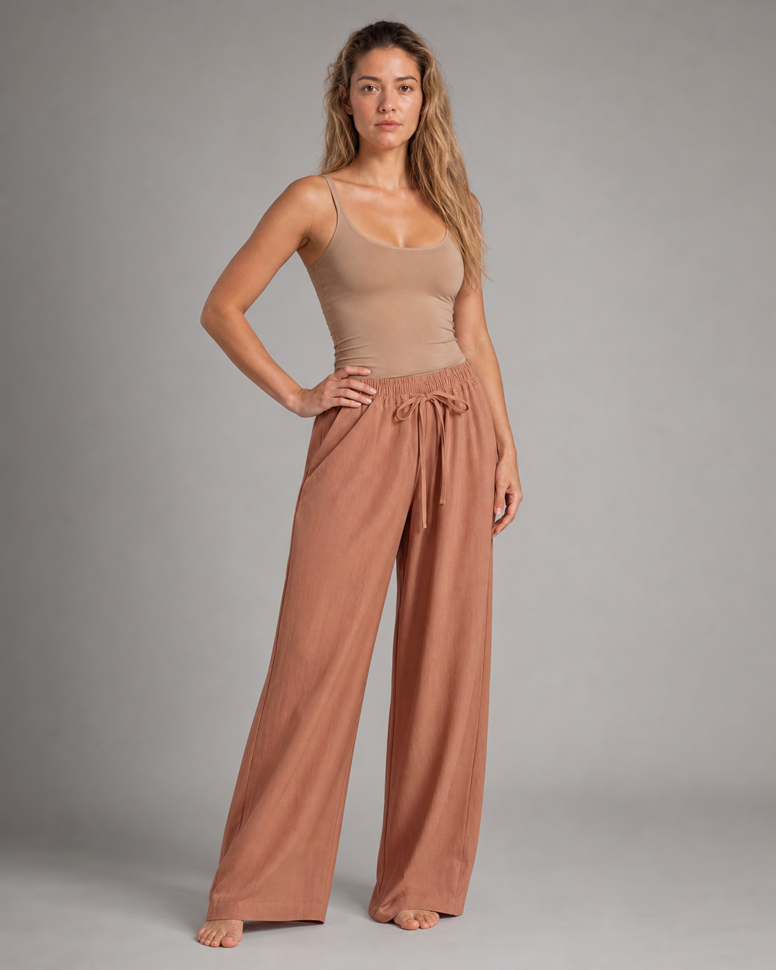 Cherry Drawstring Wide-Leg Pants | Women's Relaxed Trousers — Salmon — threequarter