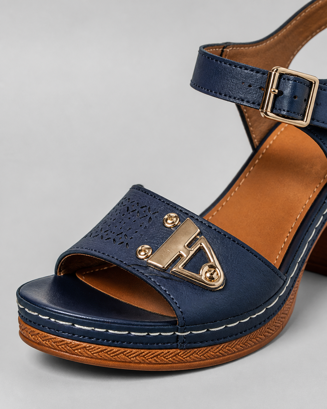 Amalfi Block Heel Sandals | Women's Strappy Buckle Heeled Sandals — Blue — macro
