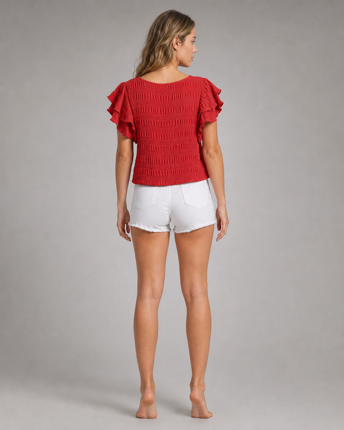 Charmaine Smocked Flutter-Sleeve Top | Women's Ruffle Blouse — Red — back