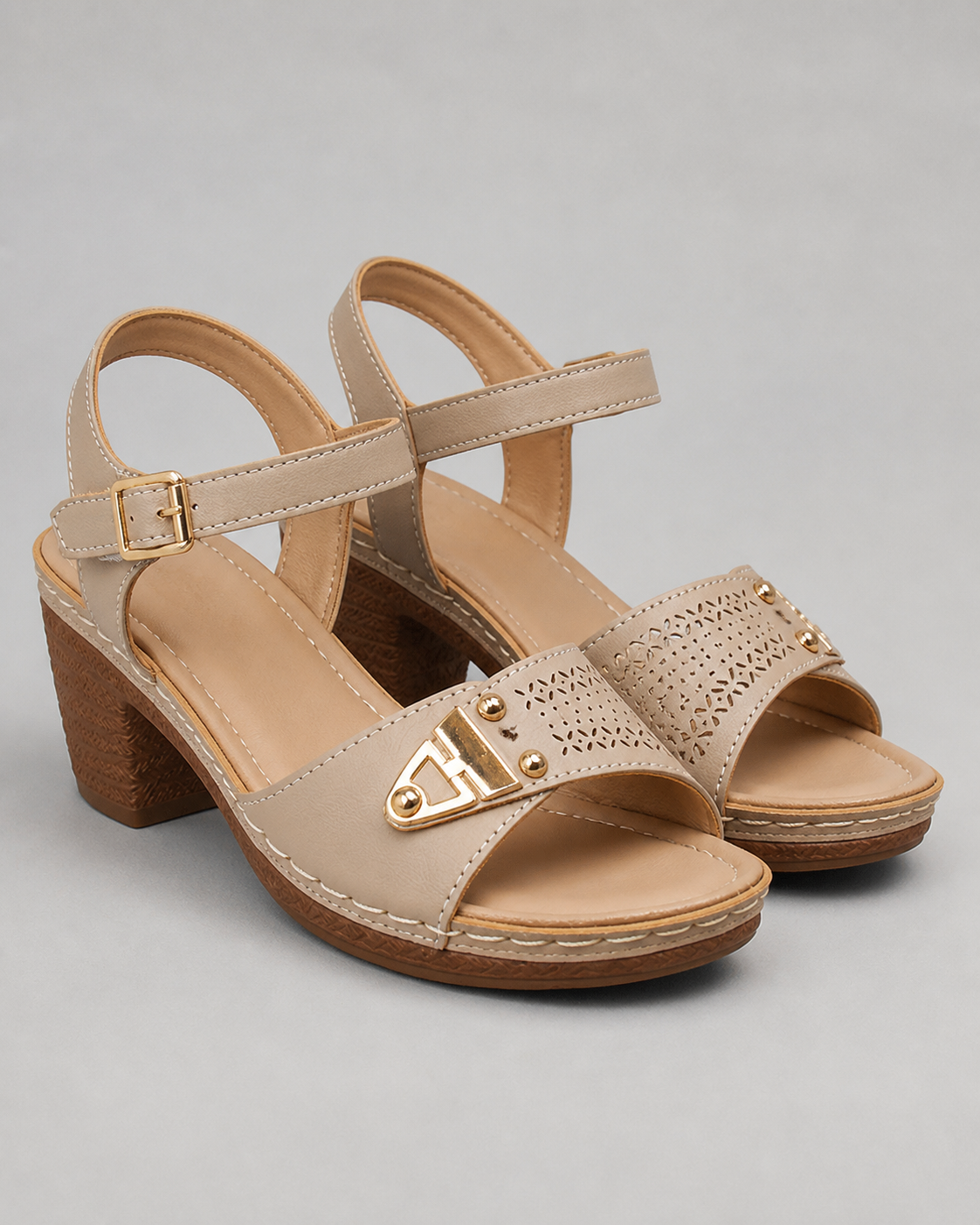 Amalfi Block Heel Sandals | Women's Strappy Buckle Heeled Sandals — Khaki — hero