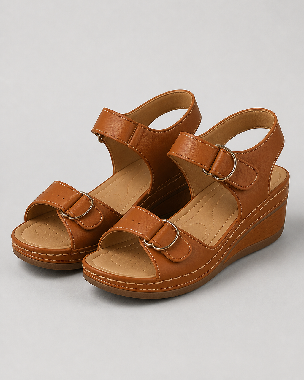 Vera Twin-Strap Wedge Sandals | Women's Cushioned Comfort Sandals — Brown — hero