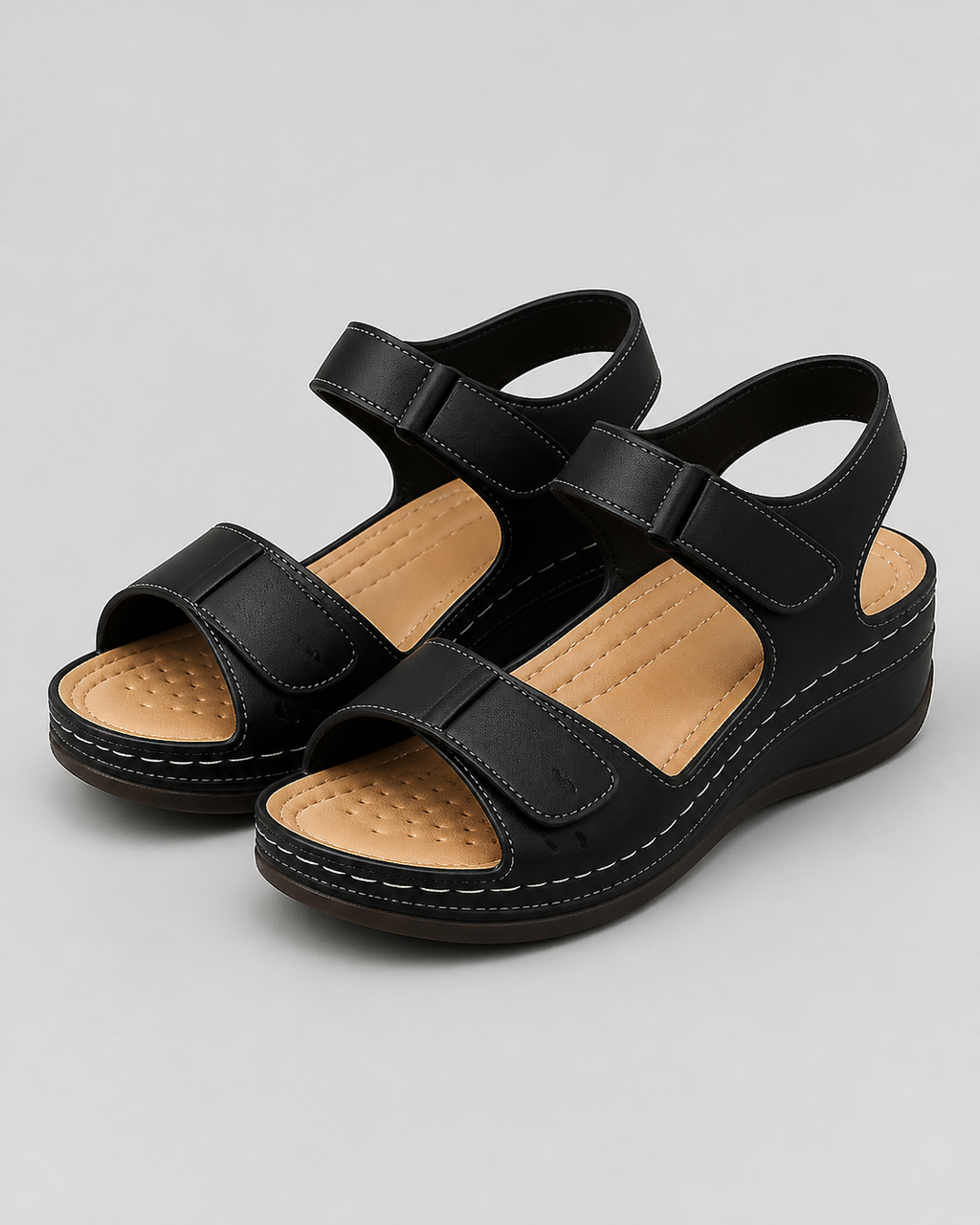 Vera Twin-Strap Wedge Sandals | Women's Cushioned Comfort Sandals — Black — hero