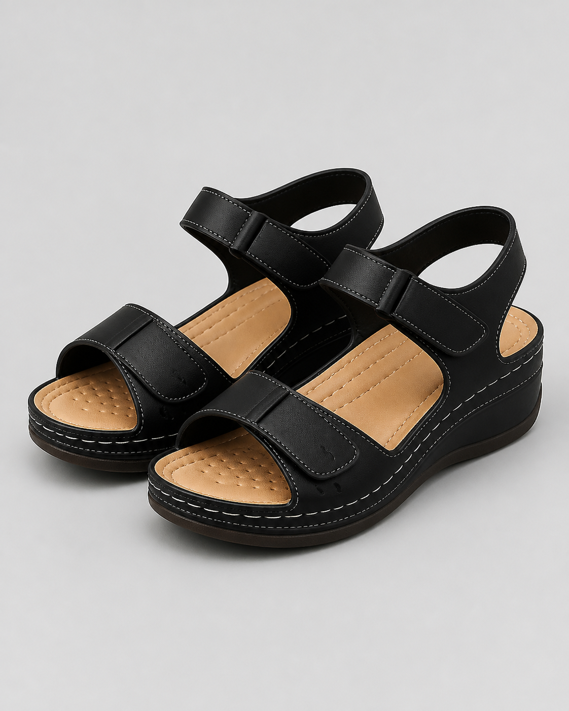 Vera Twin-Strap Wedge Sandals | Women's Cushioned Comfort Sandals — Black — hero