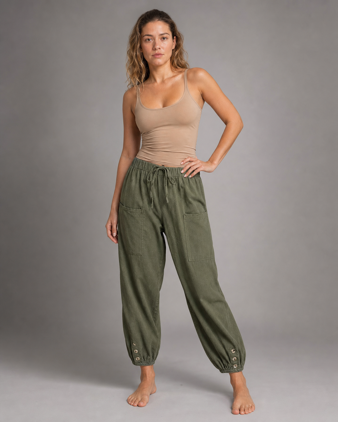 Lena High-Waist Straight Pants | Women's Relaxed Trousers — Army Green — threequarter