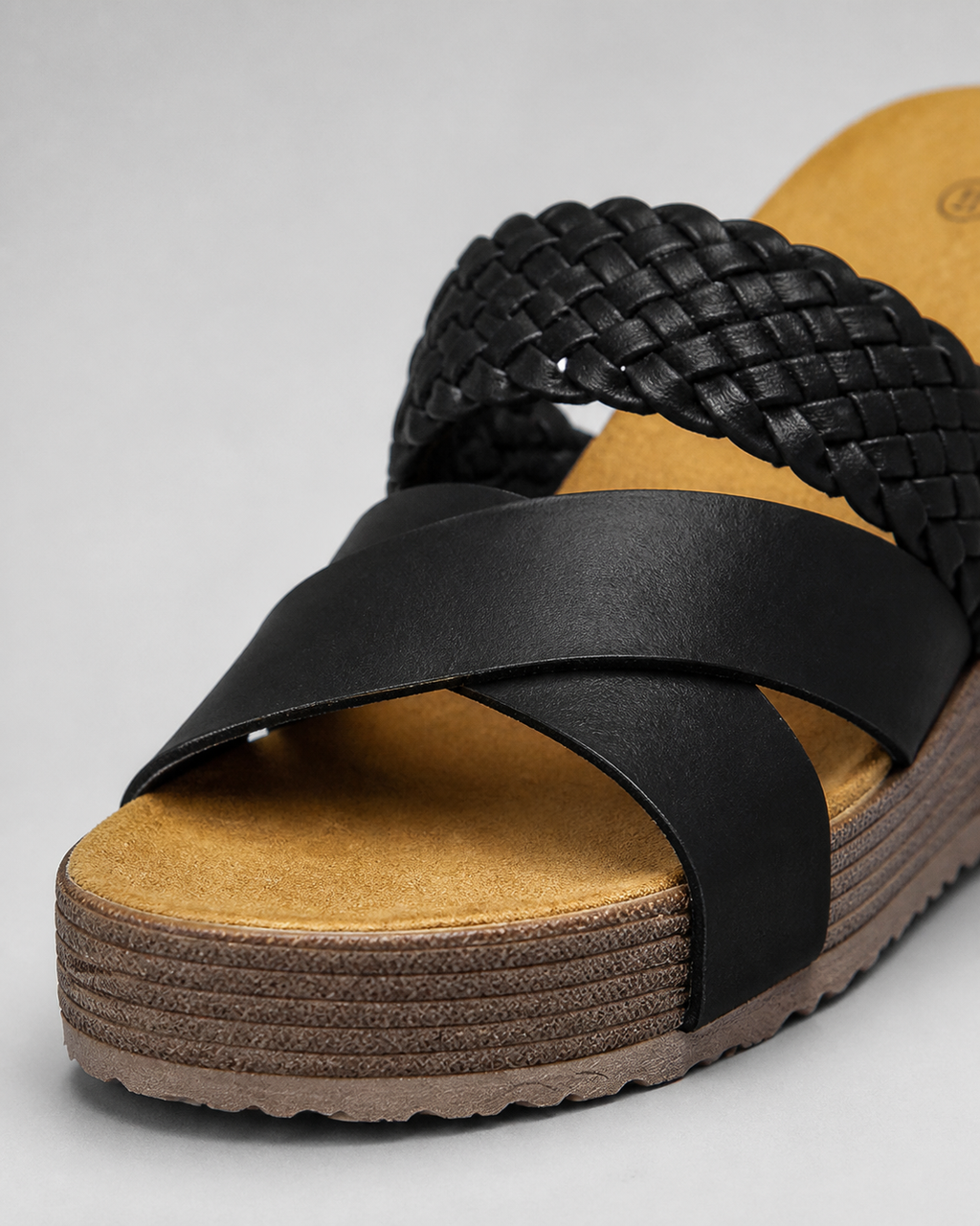 Darcey Woven Cross-Strap Sandals | Women's Cushioned Wedge Sandals — Black — macro