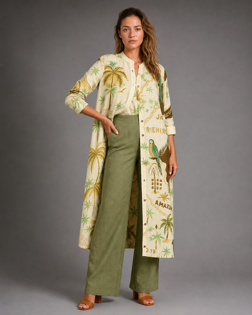 Andrea Summer Co-Ord | Women's Two-Piece Trouser Set — Cream/Green — threequarter