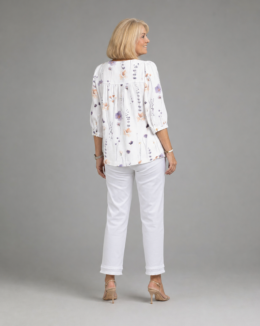 Sherry Floral Blouse | Women's V-Neck Relaxed Top — White — back