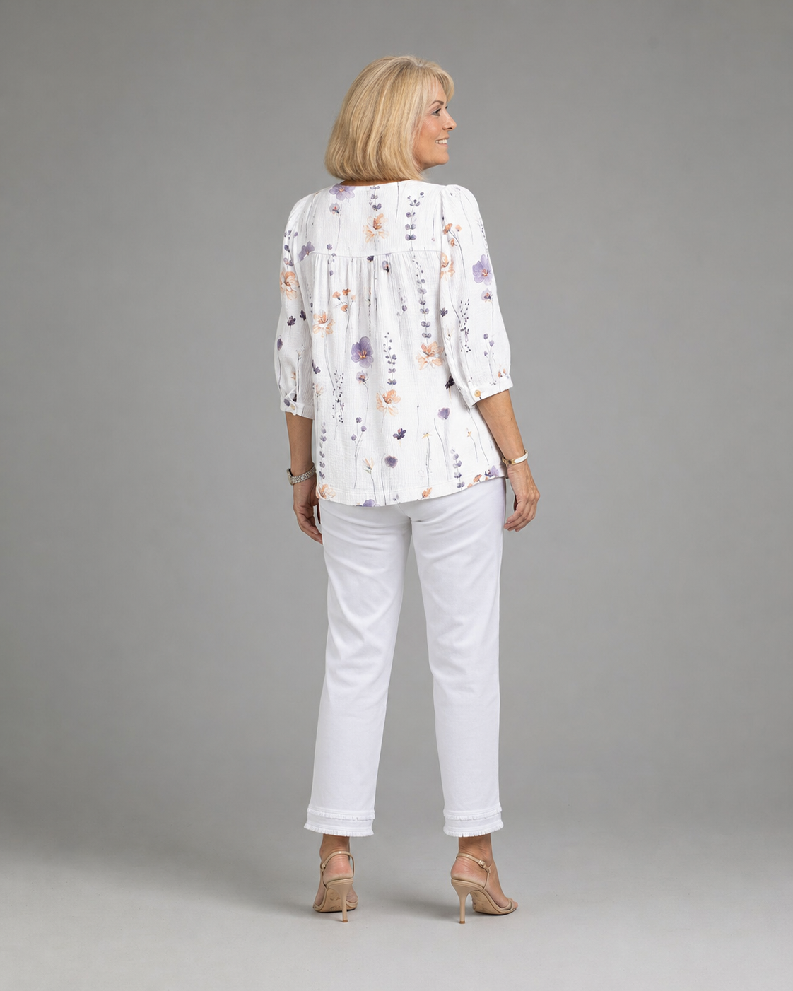 Sherry Floral Blouse | Women's V-Neck Relaxed Top — White — back
