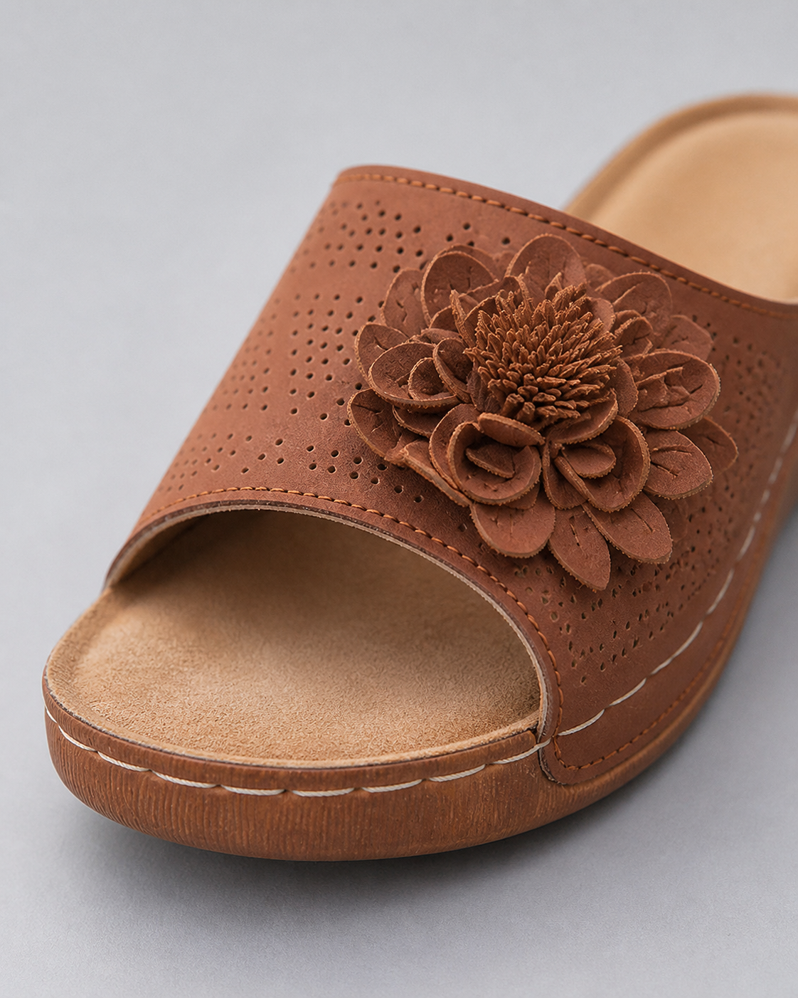 Flora Floral Wedge Sandals | Women's Slip-On Comfort Sandals — Brown — macro