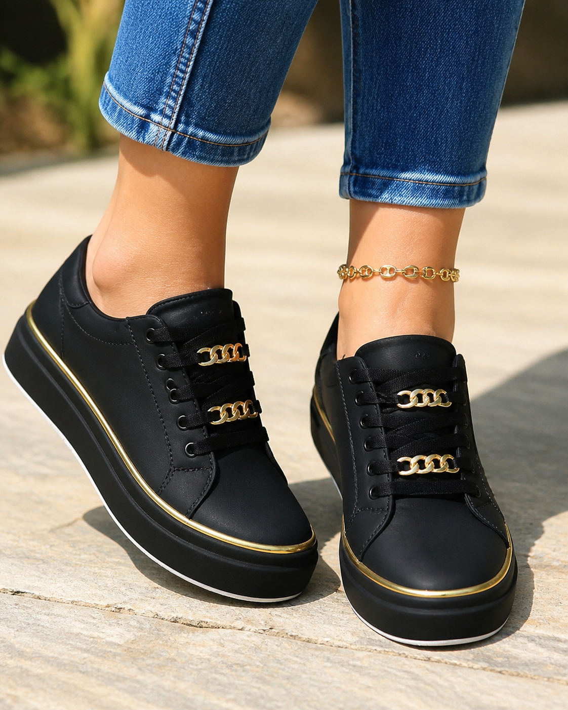 Cleo Gold-Chain Platform Sneakers | Women's Lace-Up Trainers — Black — onfoot