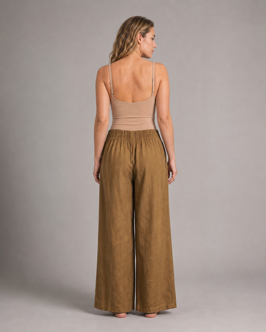 Annabelle Wide-Leg Palazzo Pants | Women's Drawstring Trousers — Khaki — back