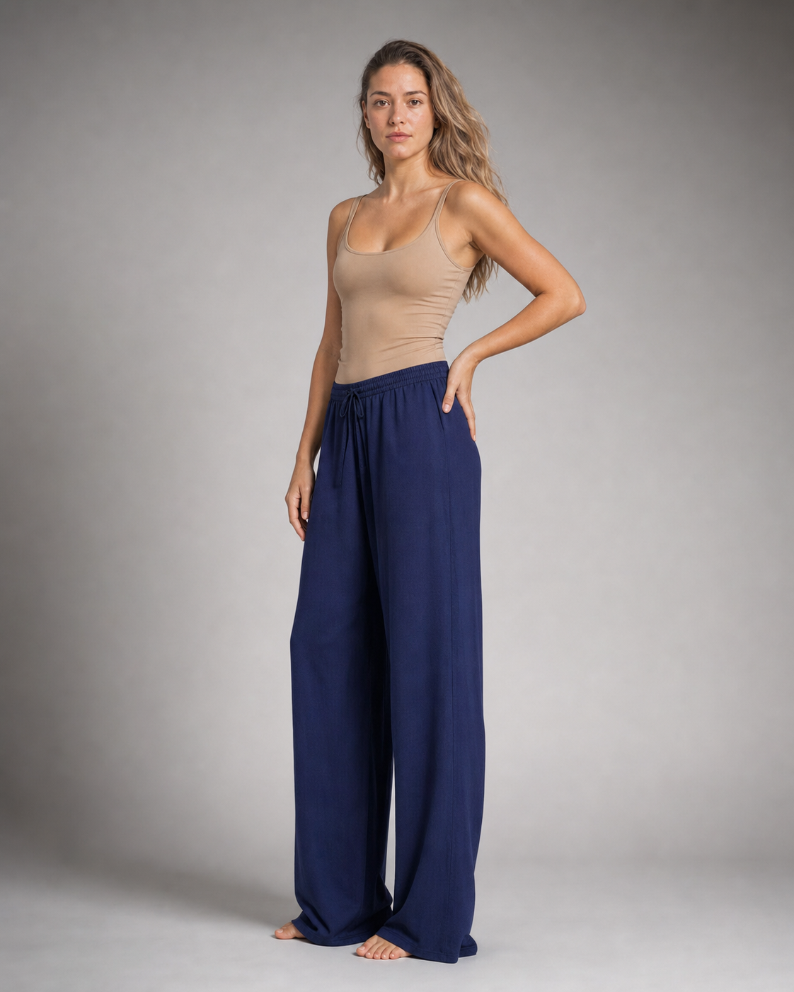 Cherry Drawstring Wide-Leg Pants | Women's Relaxed Trousers — Blue — threequarter