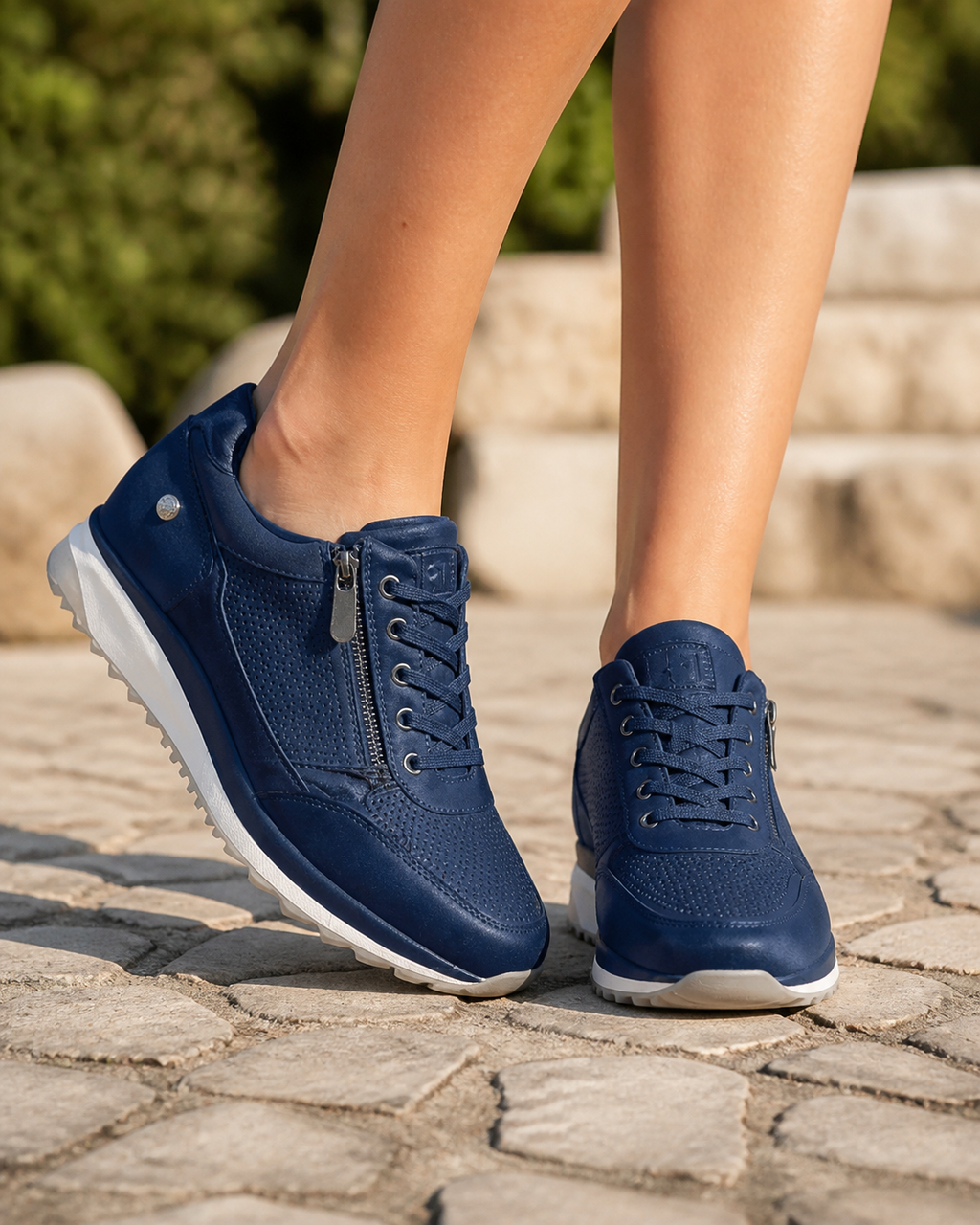 Sparkle Rhinestone Zip Trainers | Women's Metallic Lace-Up Sneakers — Blue — onfoot