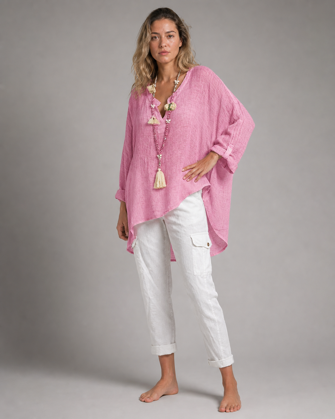 Criza Oversized Shirt | Women's Lightweight Relaxed Blouse — Pink — threequarter