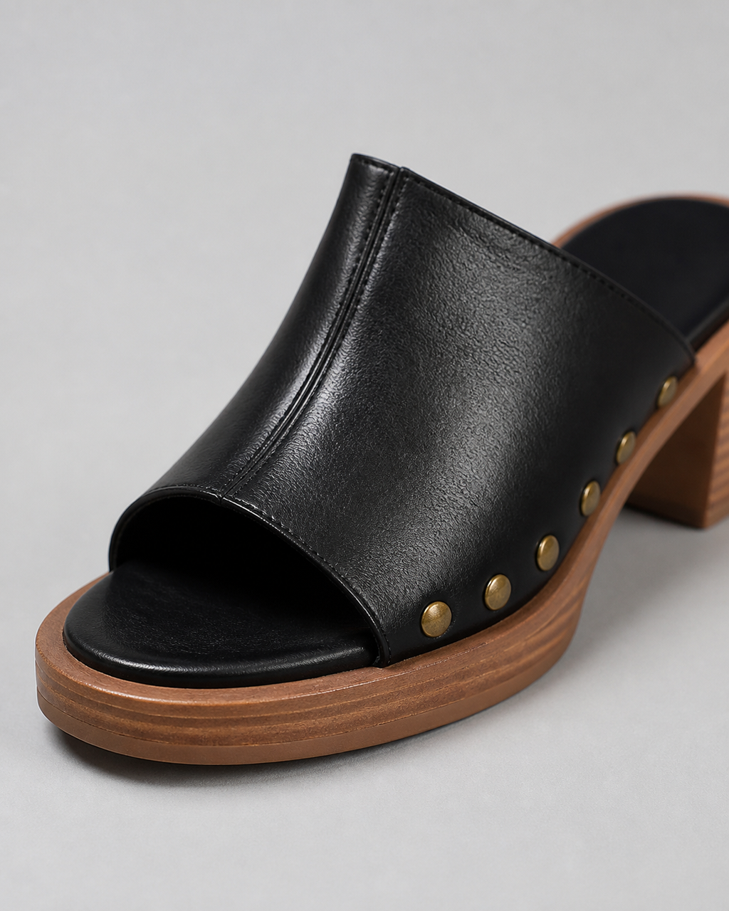 Camilla Studded Mule Sandals | Women's Low Block Heel Sandals — Black — macro
