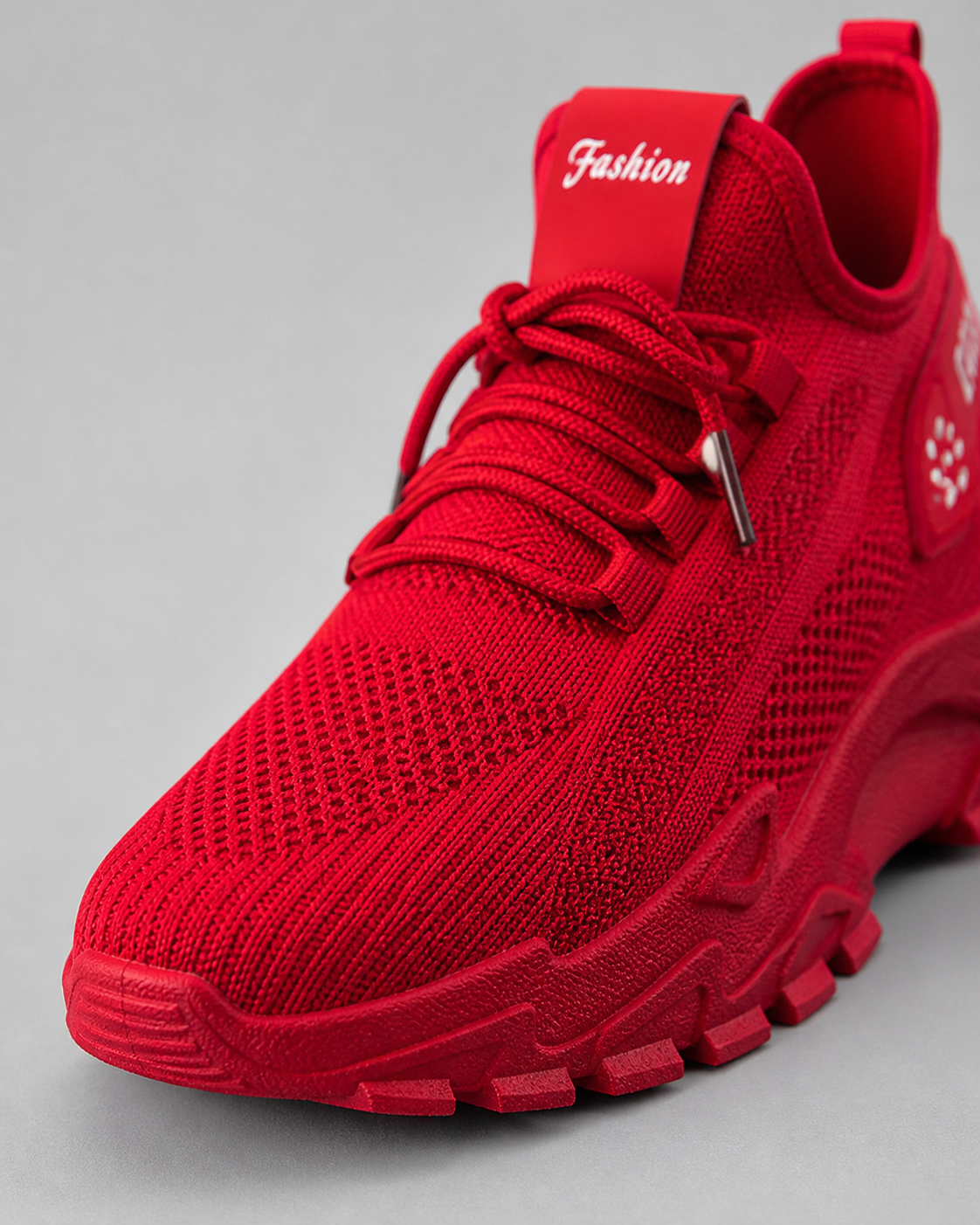 Aura Chunky-Sole Knit Trainers | Women's Lace-Up Mesh Sneakers — Red — macro