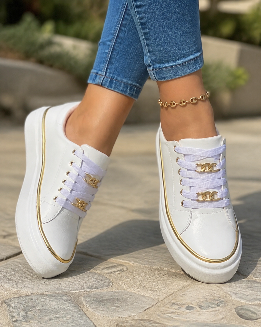 Harlow Flatform Lace-Up Sneakers | Women's Gold-Chain Trainers — White — onfoot
